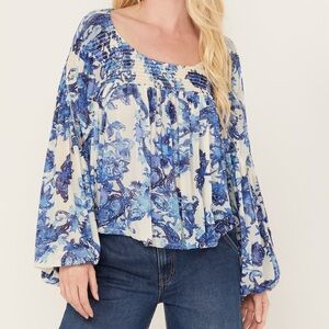 Free People Up For Anything Mesh Sheer Balloon Sleeve Top with Tassel‎ Back